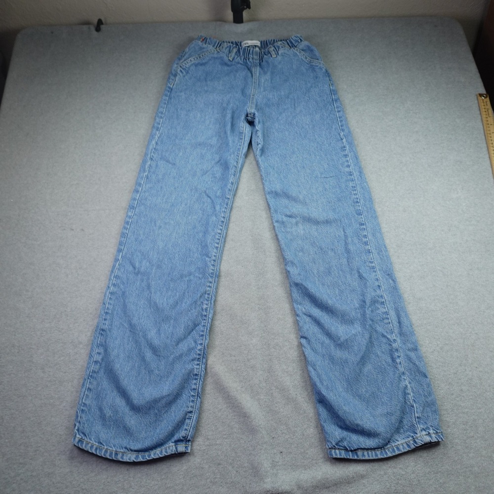Zara Jeans Women Size 0 Blue Wide Leg High Rise Elastic Waist Denim